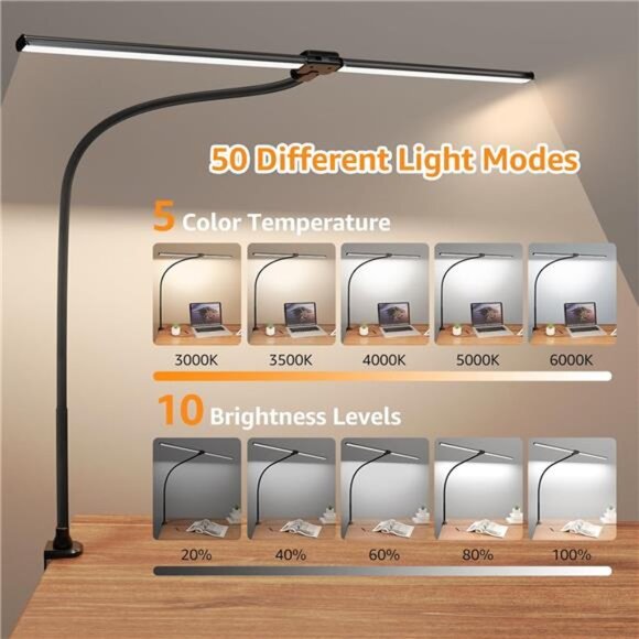 Led Desk Lamp for Office Home, Bright Double Head Desk Light with Clamp - Picture 2 of 7